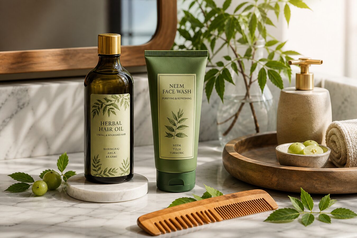 Ayurvedic personal care products on a vanity