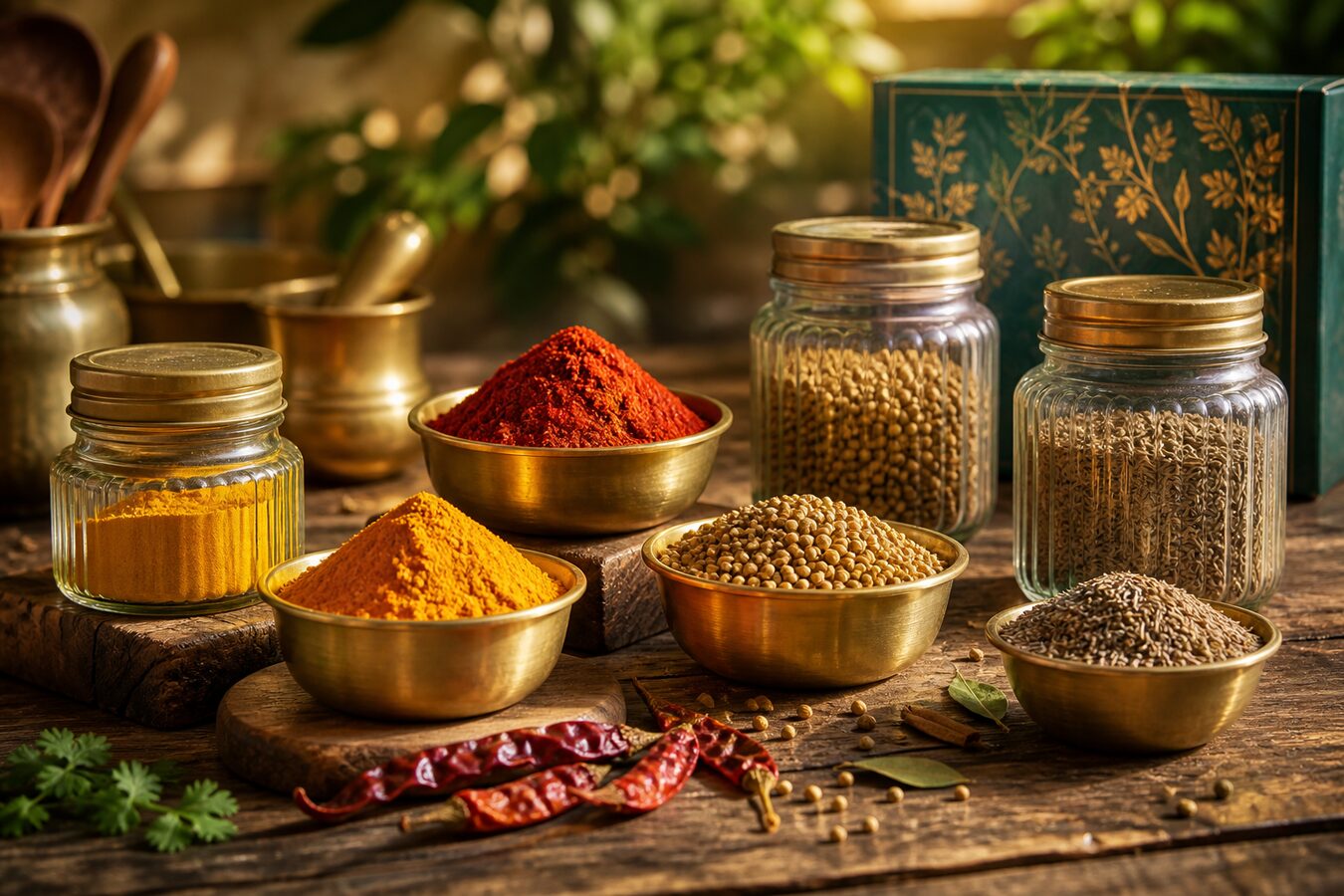 Fresh Indian spices in brass bowls